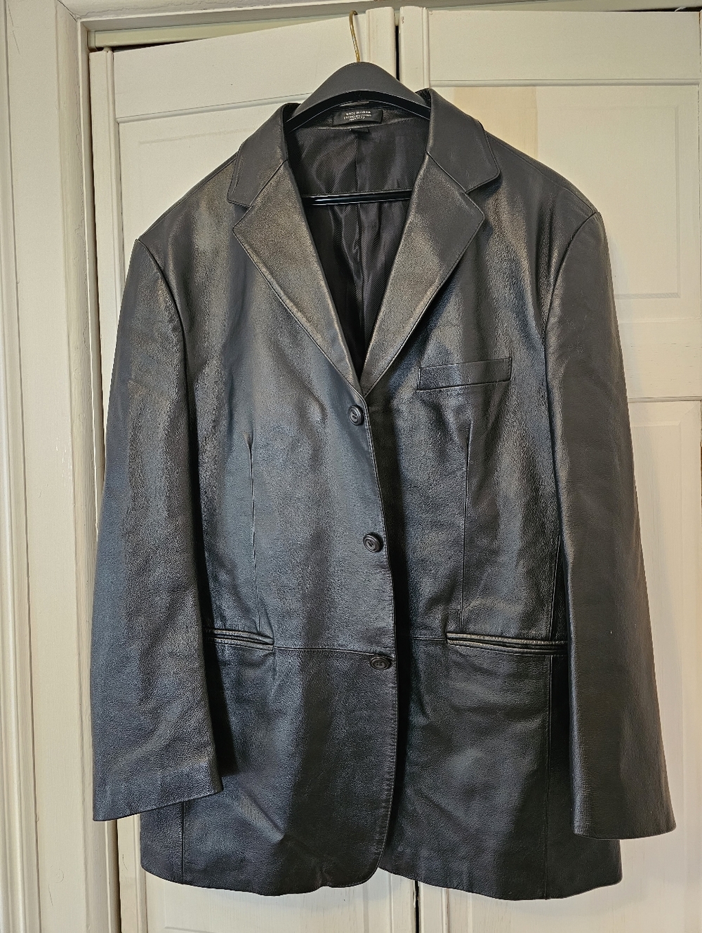 Stafford Men’s Black Genuine Leather Blazer Jacket large 3 Button RN#93677